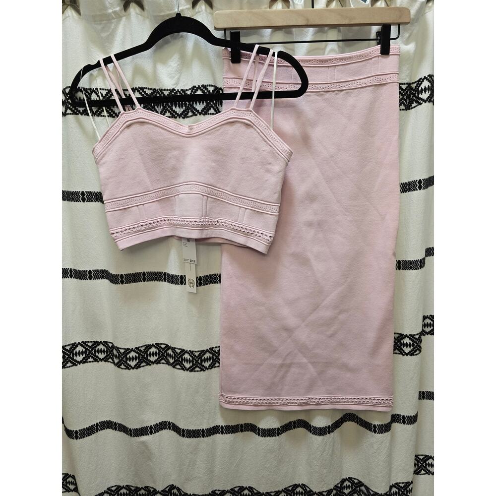 NWT‎ House Of Harlow light pink knit crop top midi skirt set lace detail medium